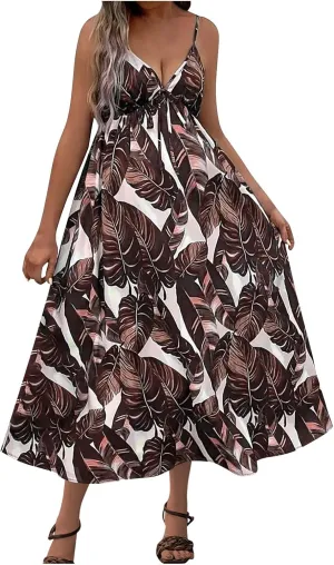 Tank Dresses for Women 2025 Plus Size Adjustable Spaghetti Strap Flower Dresses V-Neck Sleeveless Tropical midi Dress