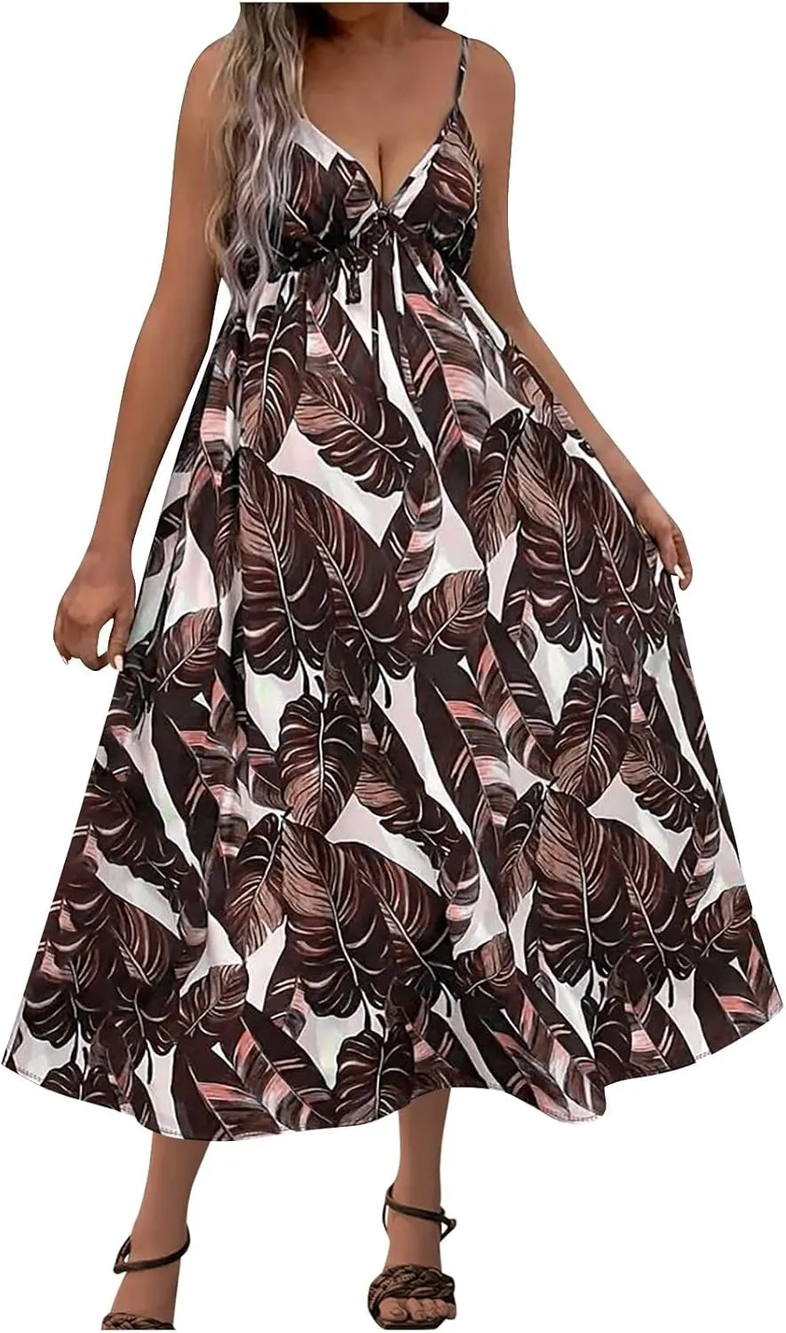 Tank Dresses for Women 2025 Plus Size Adjustable Spaghetti Strap Flower Dresses V-Neck Sleeveless Tropical midi Dress