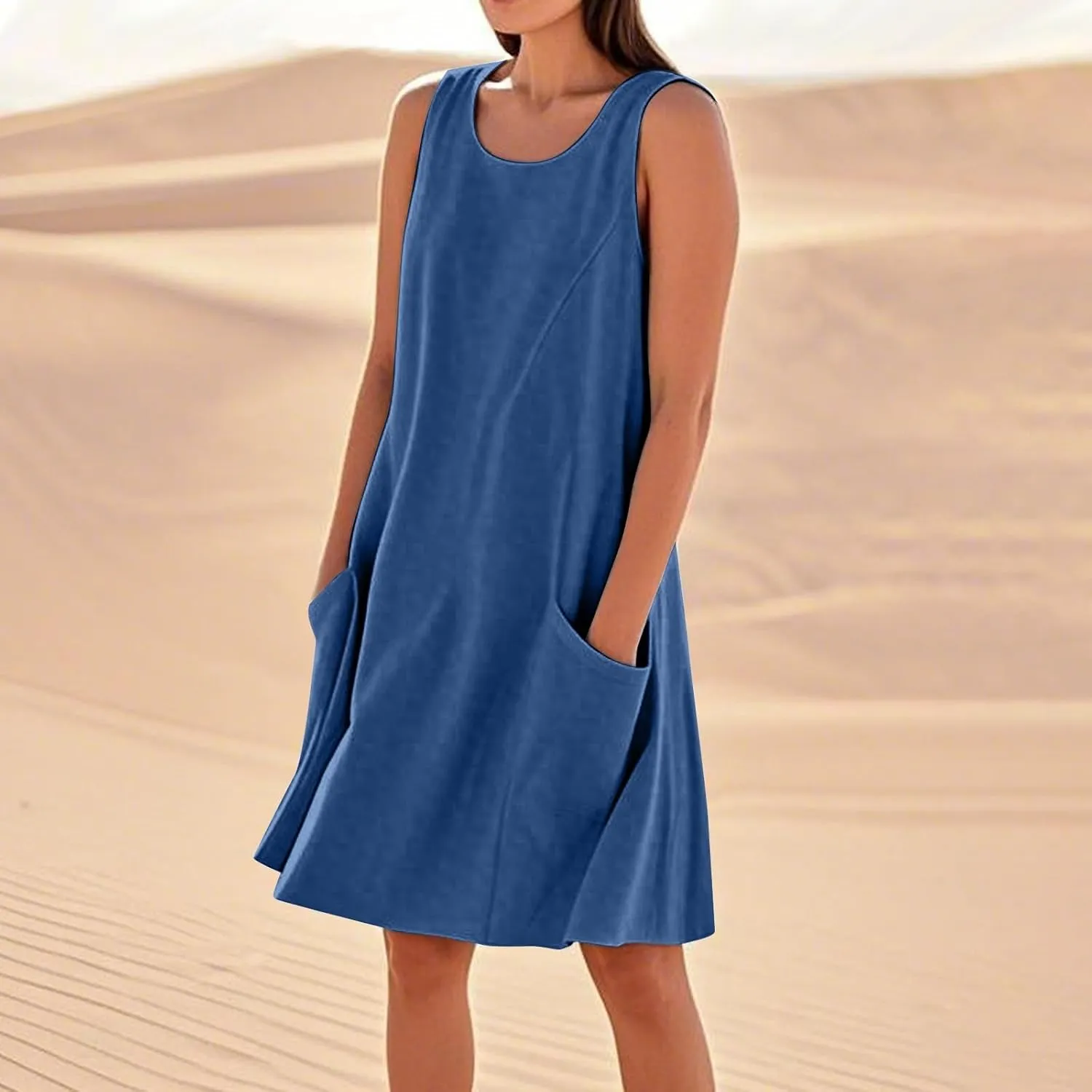 Tank Dresses for Women Trendy Sleeveless Boho Dress Flowy Mini Sundresses Casual Scoop Neck Summer Sundress with Pocket