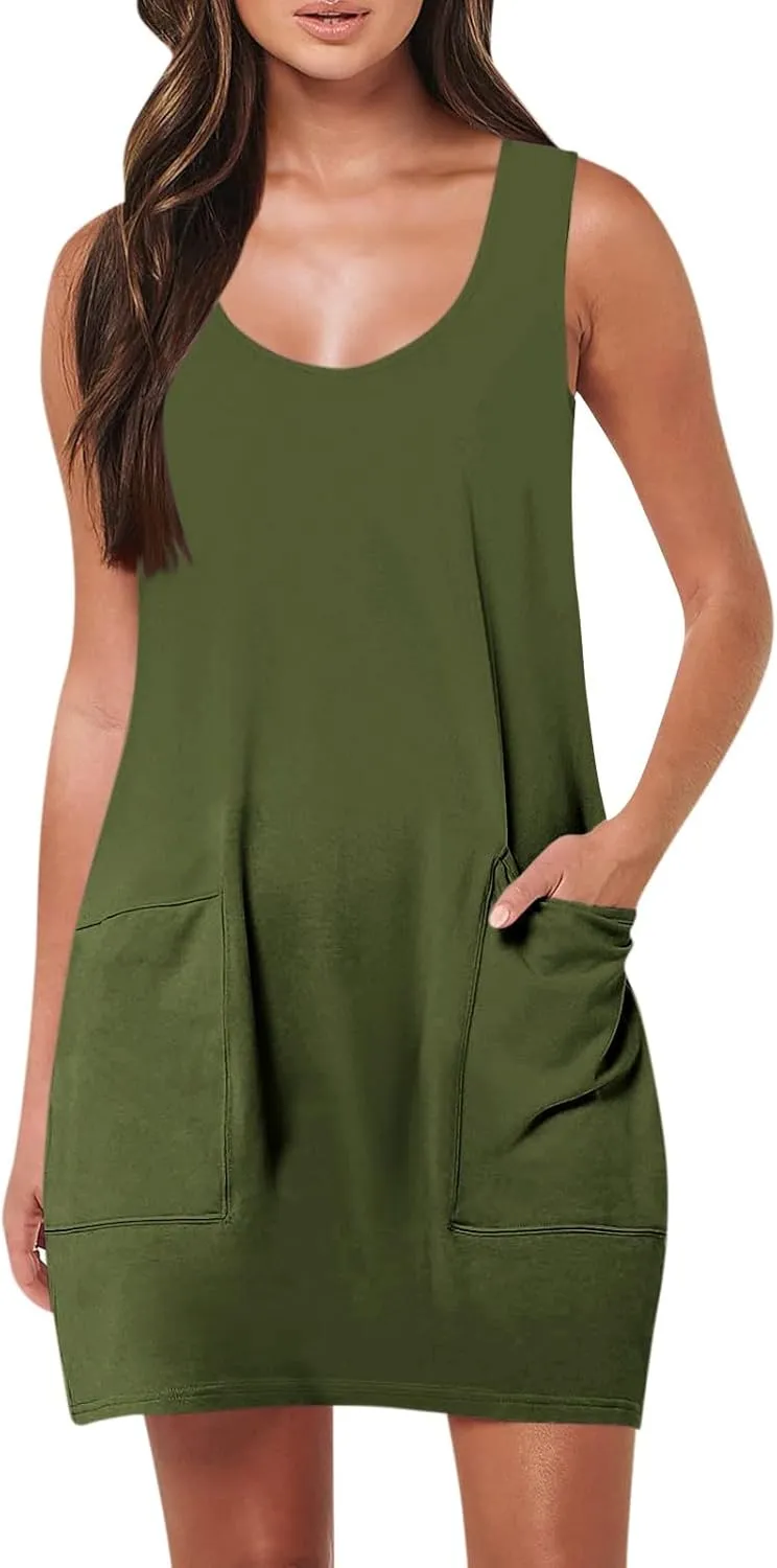 Tank Dresses for Women Trendy Sleeveless Vacation Mini Dress Casual Scoop Neck Beach Summer Sundress with Pocket