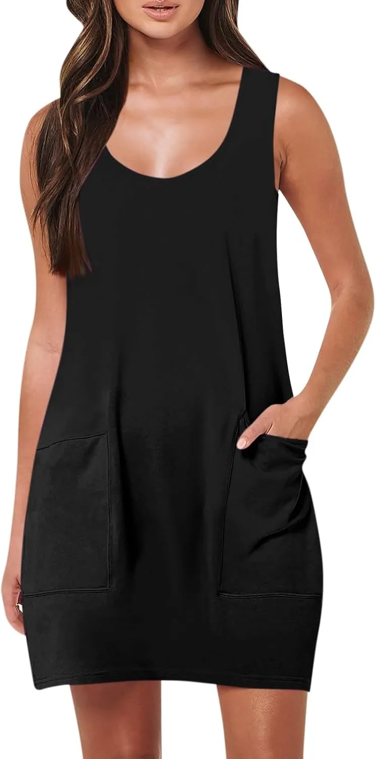 Tank Dresses for Women Trendy Sleeveless Vacation Mini Dress Casual Scoop Neck Beach Summer Sundress with Pocket