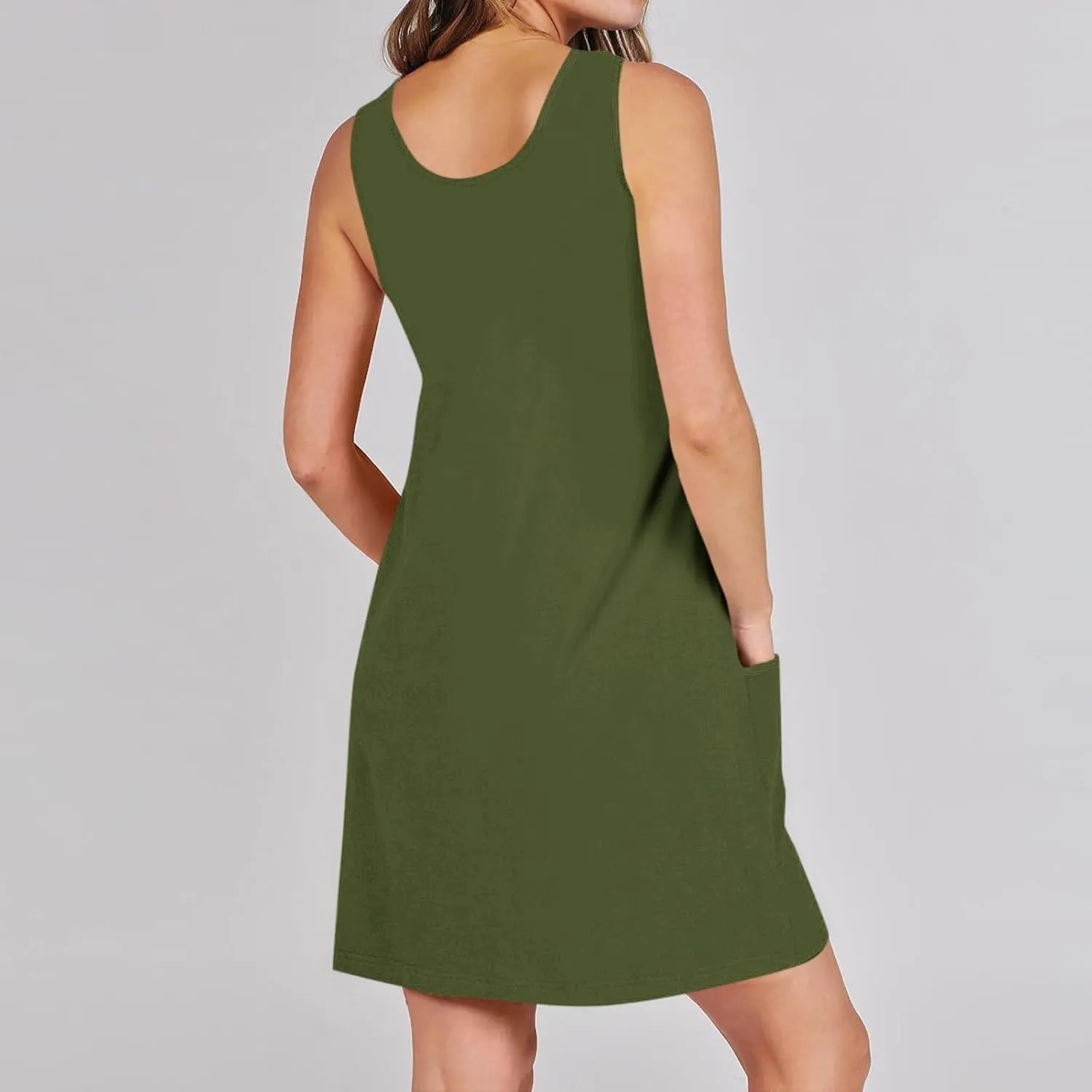 Tank Dresses for Women Trendy Sleeveless Vacation Mini Dress Casual Scoop Neck Beach Summer Sundress with Pocket