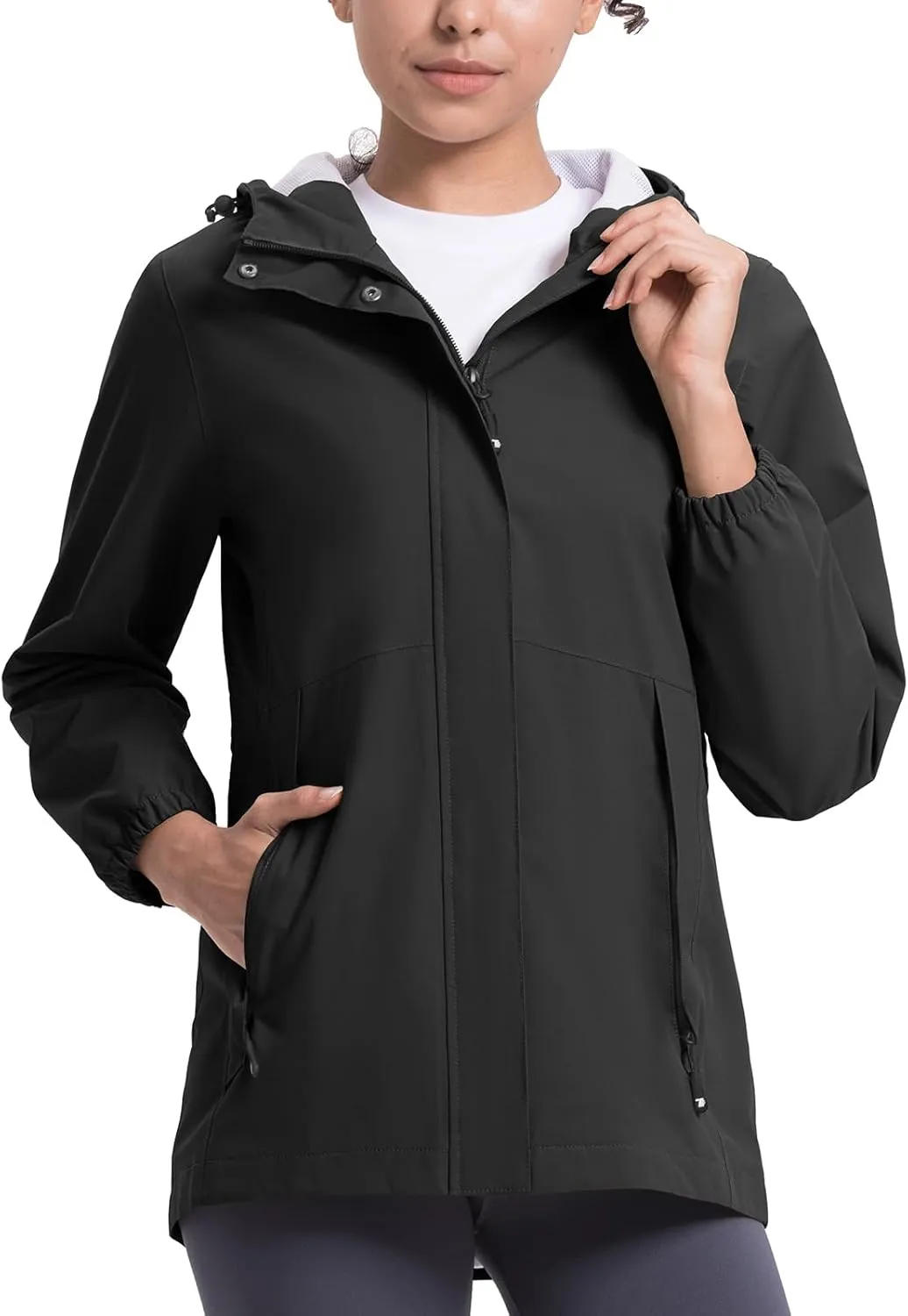 TBMPOY Women's Lightweight Rain Long Jackets Packable with Hooded Outdoor Hiking Waterproof Windbreaker Raincoats Travel