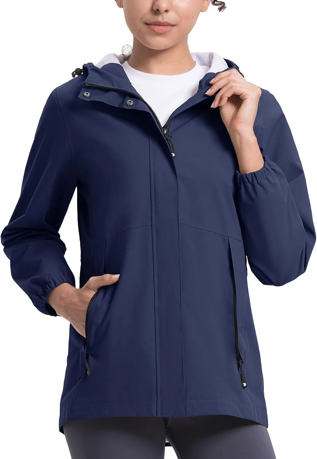 TBMPOY Women's Lightweight Rain Long Jackets Packable with Hooded Outdoor Hiking Waterproof Windbreaker Raincoats Travel