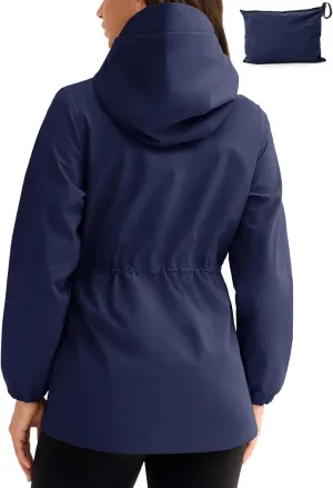TBMPOY Women's Lightweight Rain Long Jackets Packable with Hooded Outdoor Hiking Waterproof Windbreaker Raincoats Travel