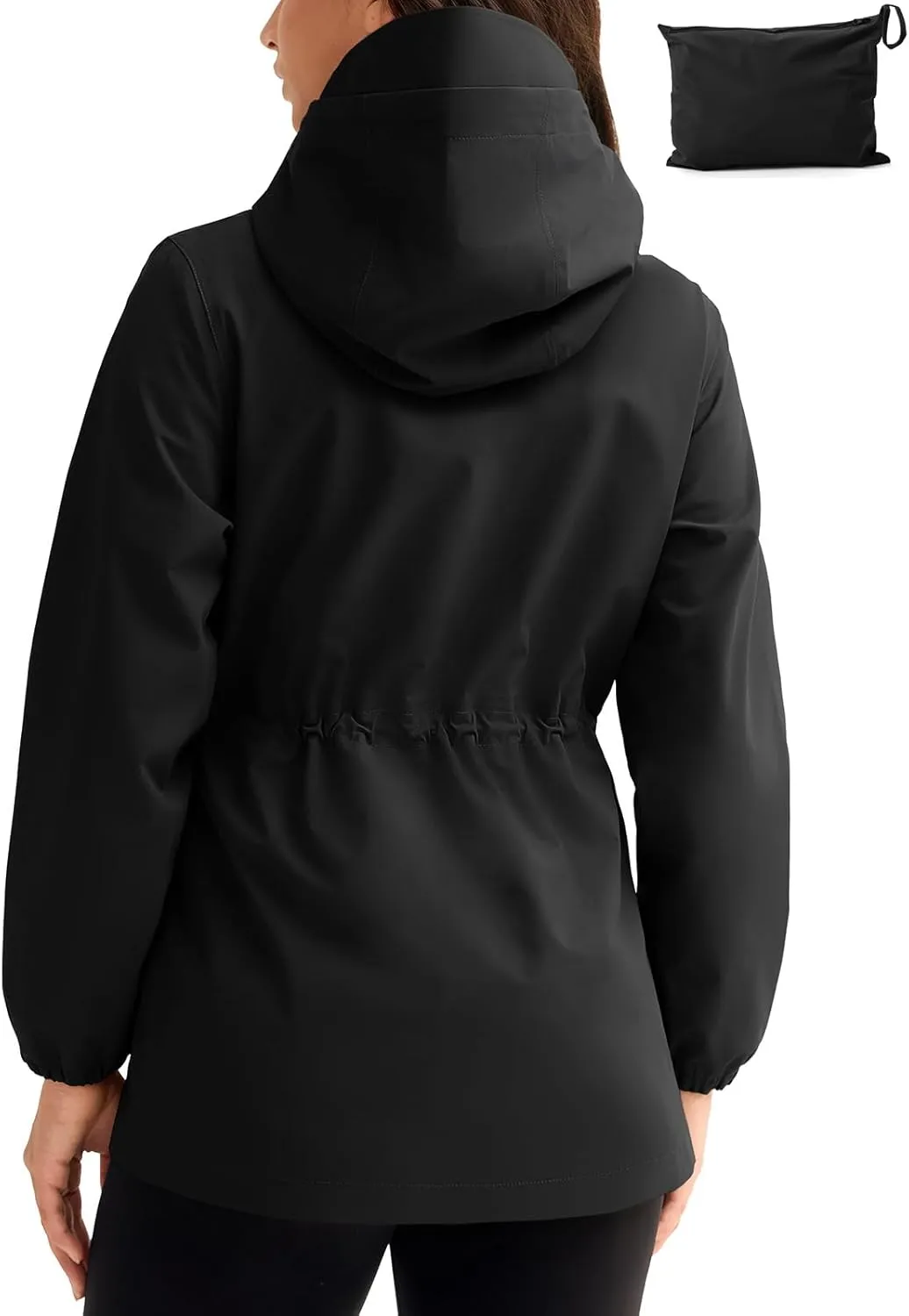 TBMPOY Women's Lightweight Rain Long Jackets Packable with Hooded Outdoor Hiking Waterproof Windbreaker Raincoats Travel