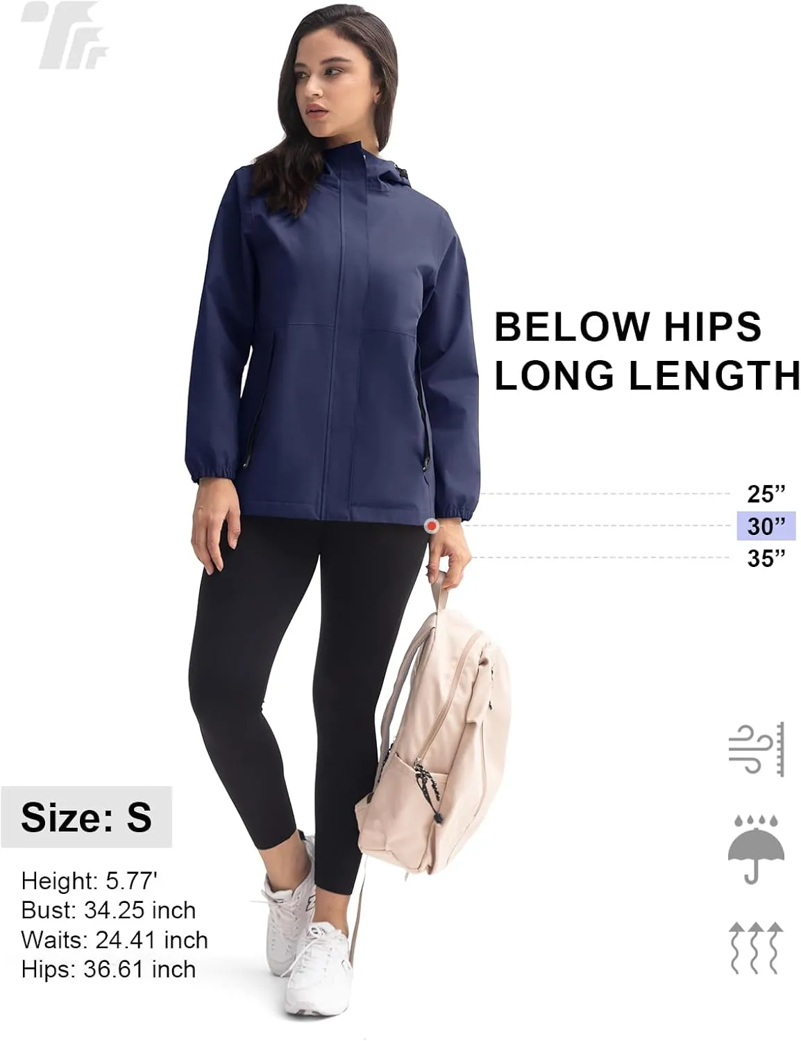 TBMPOY Women's Lightweight Rain Long Jackets Packable with Hooded Outdoor Hiking Waterproof Windbreaker Raincoats Travel