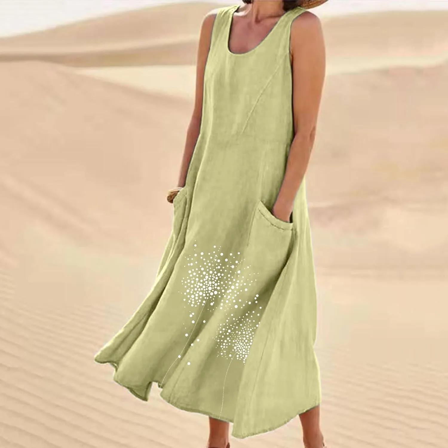 Women 2025 Summer Tank Dress Casual Sleeveless Printed Linen Shirt Dress Flowy Loose Plus Size Maxi Dress with Pocket