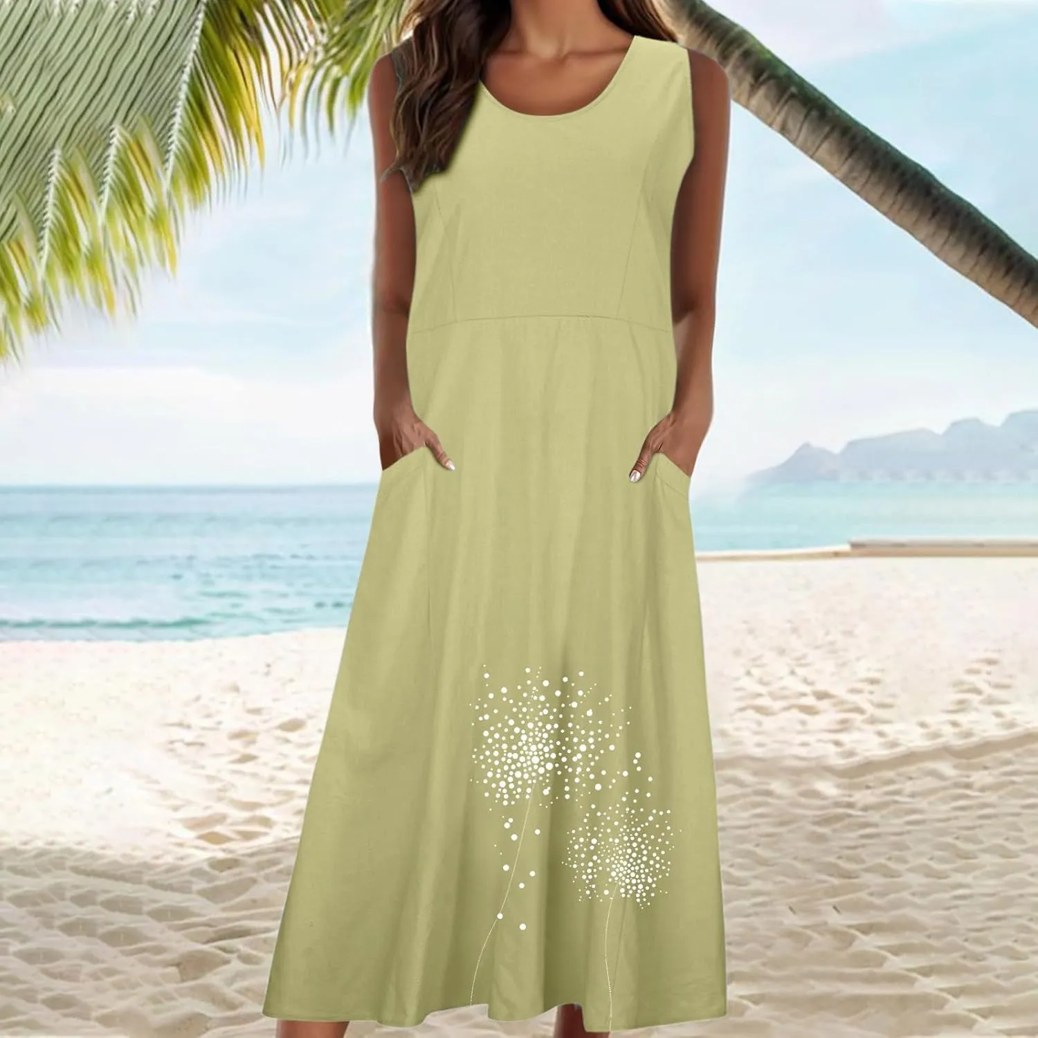 Women 2025 Summer Tank Dress Casual Sleeveless Printed Linen Shirt Dress Flowy Loose Plus Size Maxi Dress with Pocket