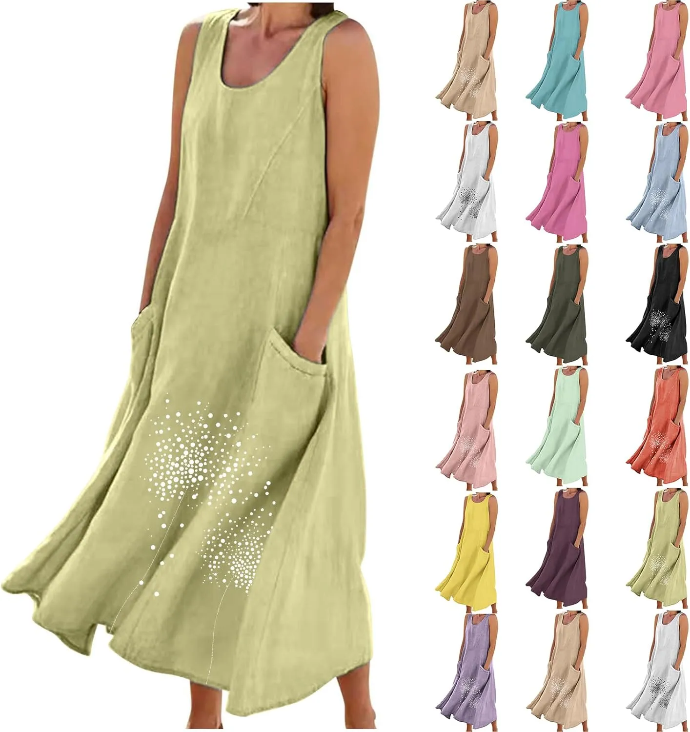Women 2025 Summer Tank Dress Casual Sleeveless Printed Linen Shirt Dress Flowy Loose Plus Size Maxi Dress with Pocket