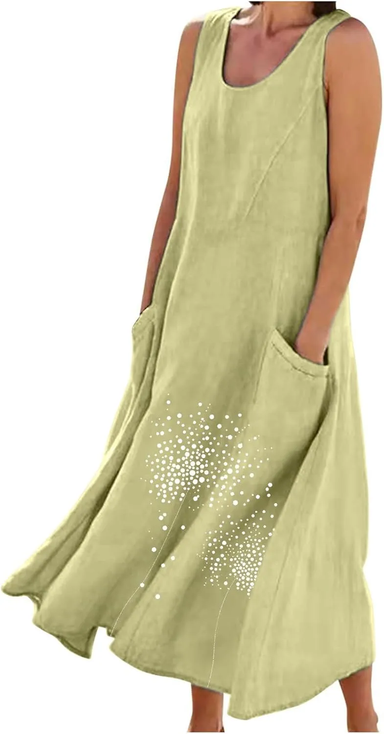 Women 2025 Summer Tank Dress Casual Sleeveless Printed Linen Shirt Dress Flowy Loose Plus Size Maxi Dress with Pocket