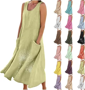 Women 2025 Summer Tank Dress Casual Sleeveless Printed Linen Shirt Dress Flowy Loose Plus Size Maxi Dress with Pocket