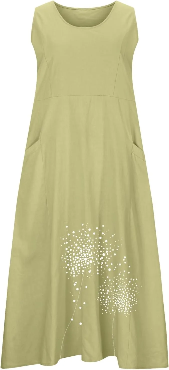 Women 2025 Summer Tank Dress Casual Sleeveless Printed Linen Shirt Dress Flowy Loose Plus Size Maxi Dress with Pocket