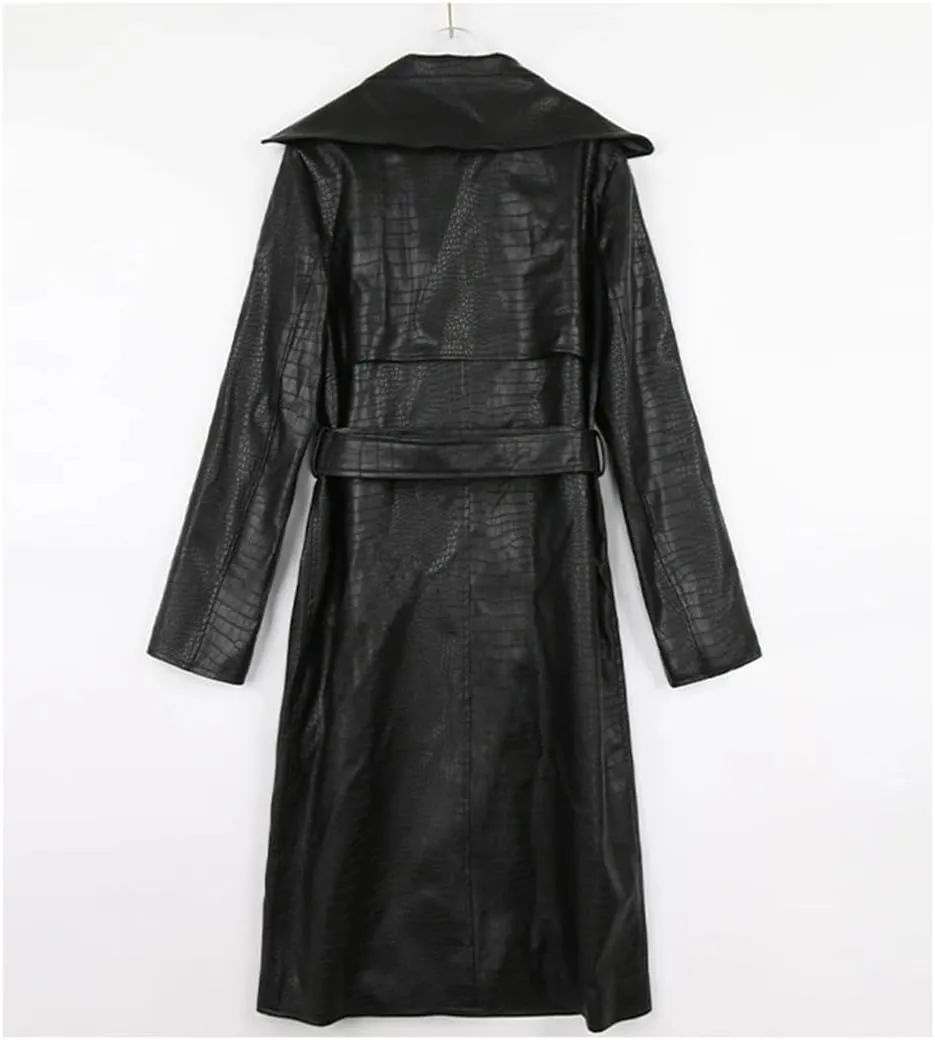 Women Autumn Long Loose Red Leather Trench Coat Double Breasted Lapel Waterproof Raincoat Matching Belt