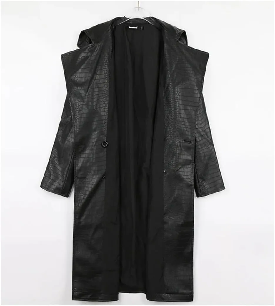 Women Autumn Long Loose Red Leather Trench Coat Double Breasted Lapel Waterproof Raincoat Matching Belt