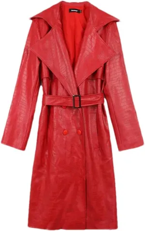 Women Autumn Long Loose Red Leather Trench Coat Double Breasted Lapel Waterproof Raincoat Matching Belt