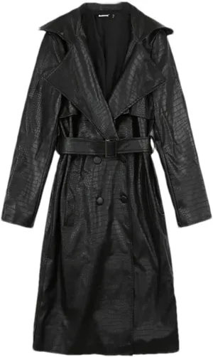 Women Autumn Long Loose Red Leather Trench Coat Double Breasted Lapel Waterproof Raincoat Matching Belt