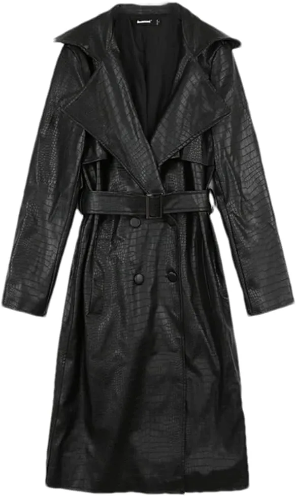 Women Autumn Long Loose Red Leather Trench Coat Double Breasted Lapel Waterproof Raincoat Matching Belt