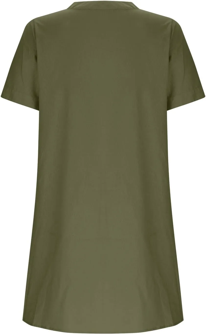 Women Button Down T Shirt Dress 2025 V-Neck Short Sleeve Mini Dress Business Casual Work Shift Dresses with Pockets