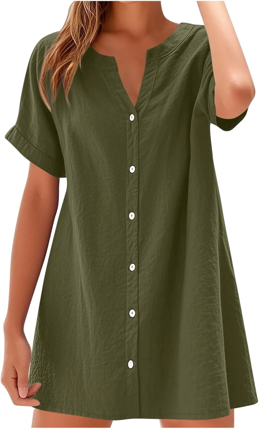 Women Button Down T Shirt Dress 2025 V-Neck Short Sleeve Mini Dress Business Casual Work Shift Dresses with Pockets