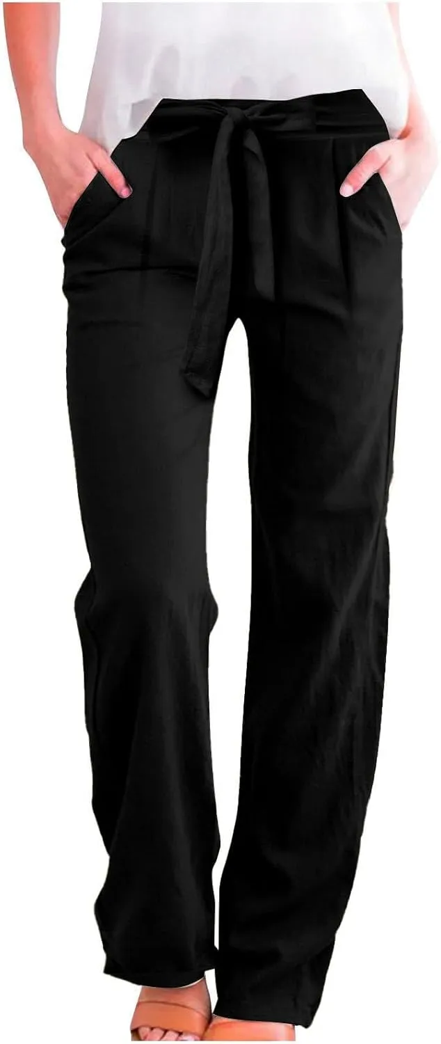 Women Linen Pants Casual Drawstring High Waisted Straight Leg Summer Pants Casual Comfy Beach Trouser with Pockets