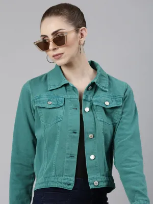 Women Turquoise Blue Washed Denim Jacket
