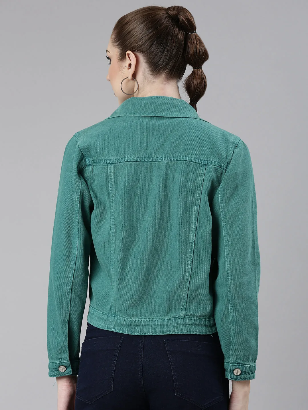 Women Turquoise Blue Washed Denim Jacket