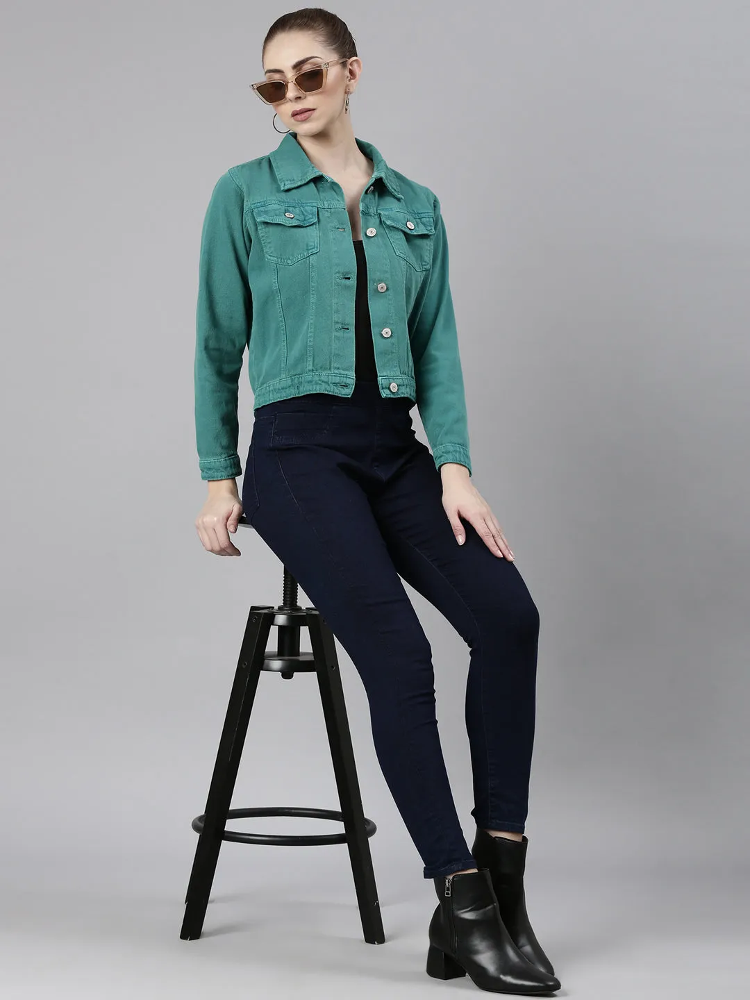 Women Turquoise Blue Washed Denim Jacket
