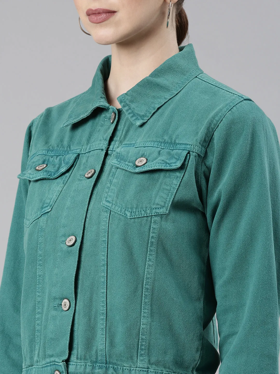 Women Turquoise Blue Washed Denim Jacket