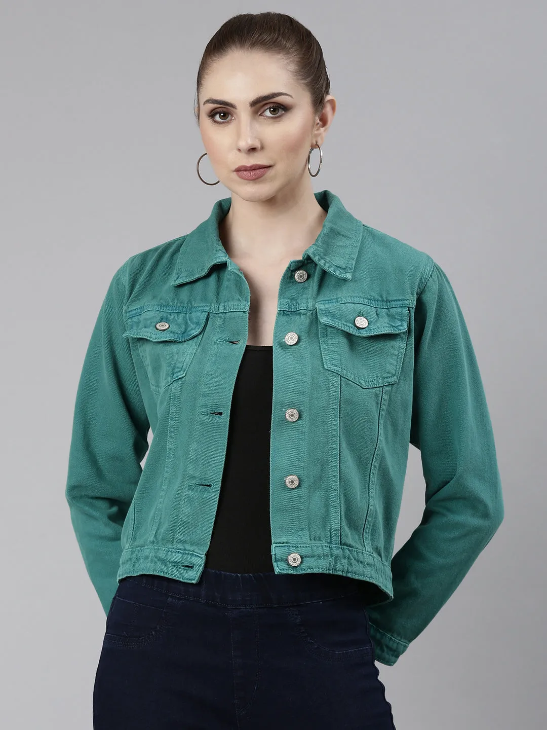Women Turquoise Blue Washed Denim Jacket