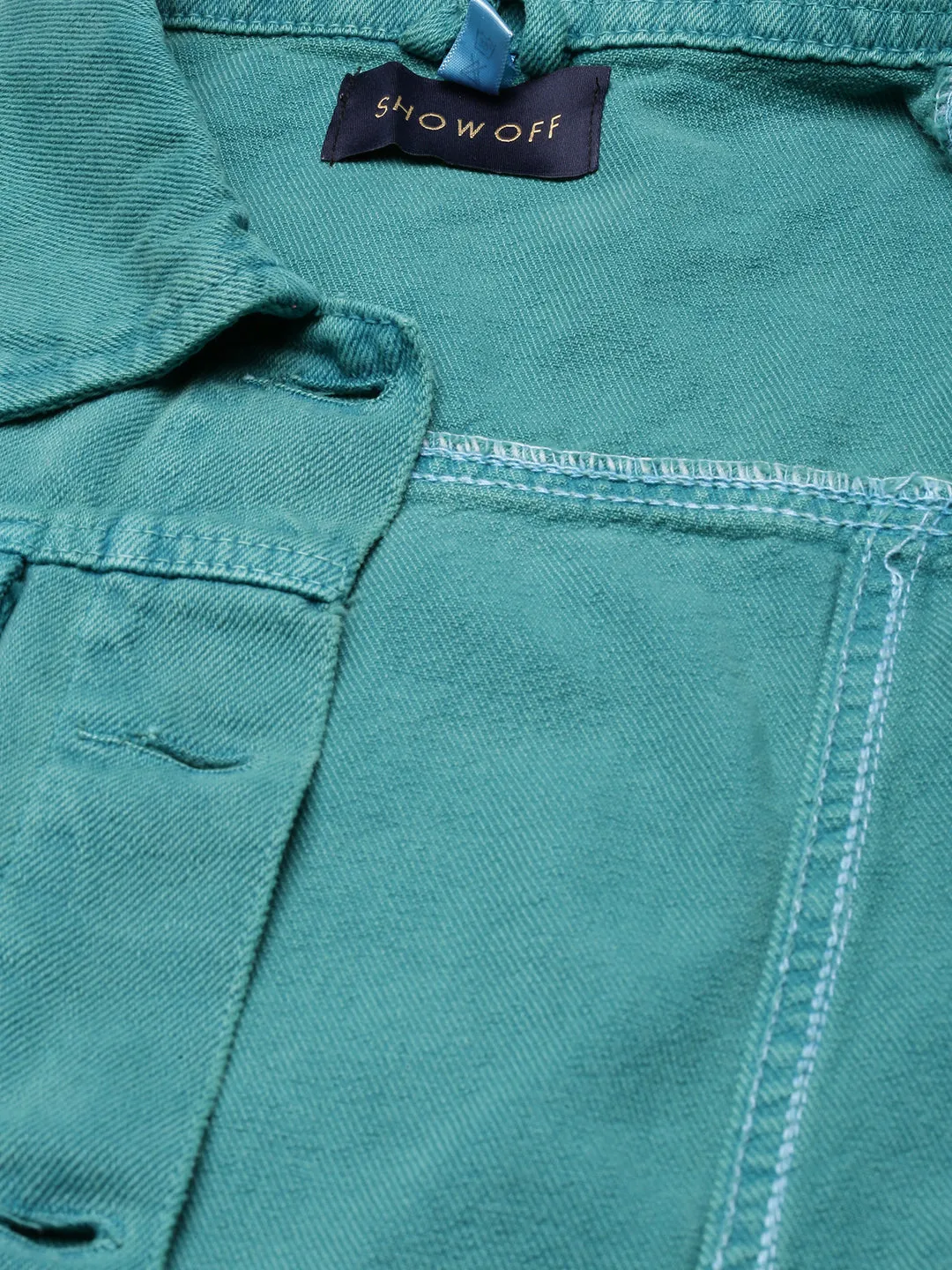 Women Turquoise Blue Washed Denim Jacket