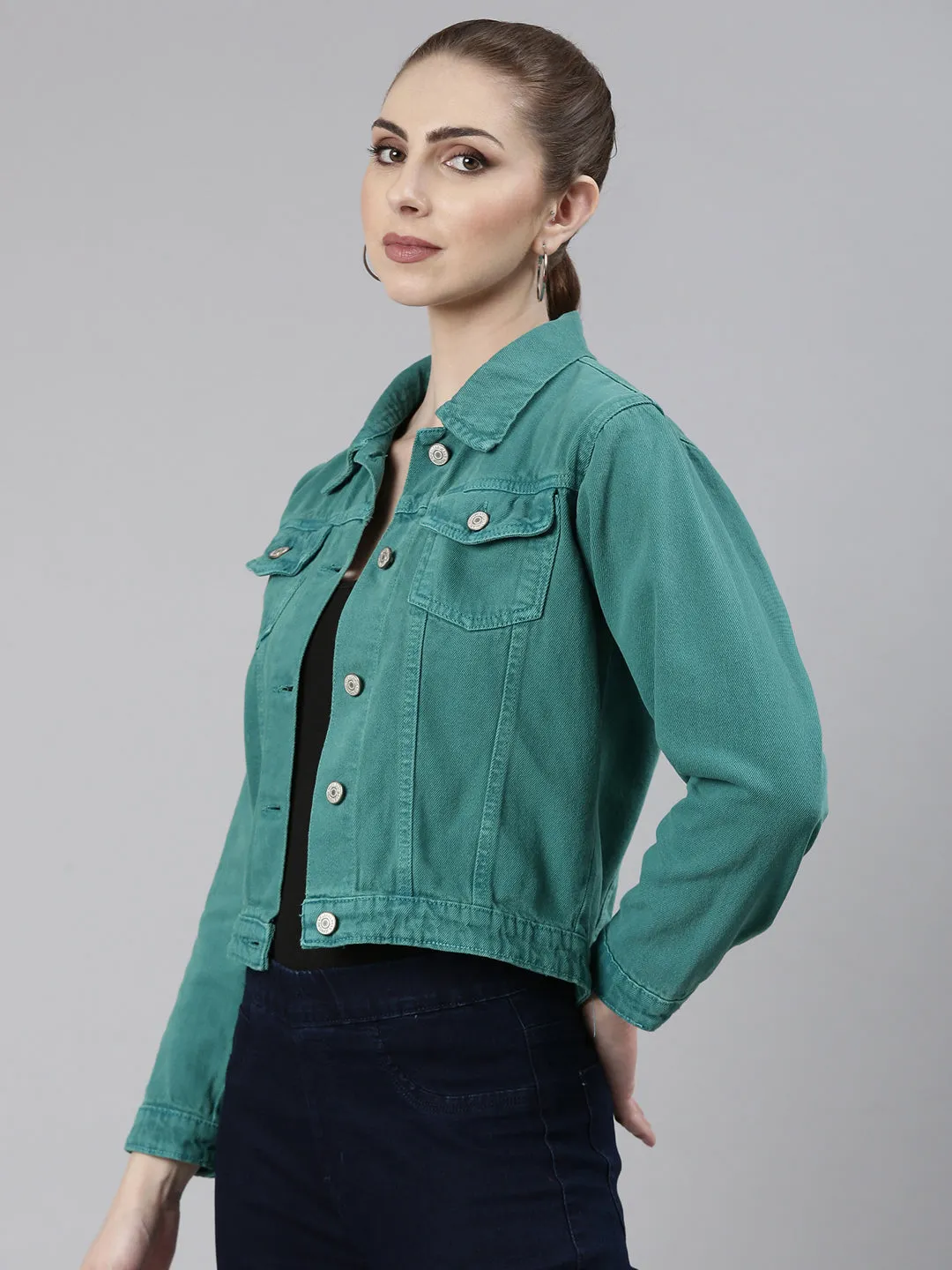 Women Turquoise Blue Washed Denim Jacket