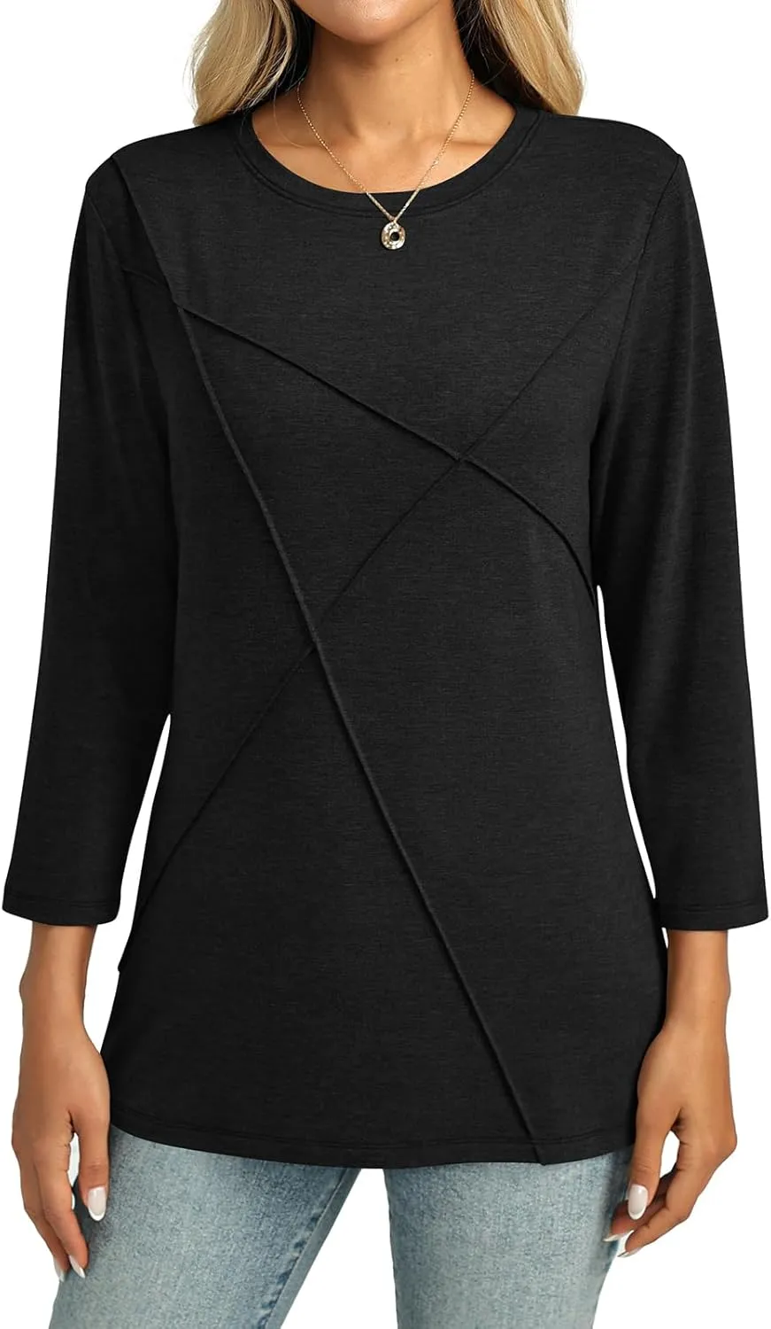 Womens 3/4 Sleeve Tops Crew Neck Summer Tops Casual Basic Tees Loose Fit Blouses