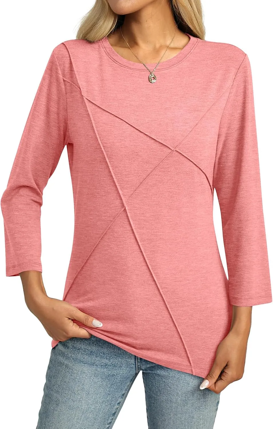 Womens 3/4 Sleeve Tops Crew Neck Summer Tops Casual Basic Tees Loose Fit Blouses
