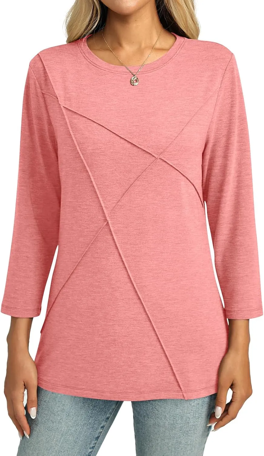Womens 3/4 Sleeve Tops Crew Neck Summer Tops Casual Basic Tees Loose Fit Blouses
