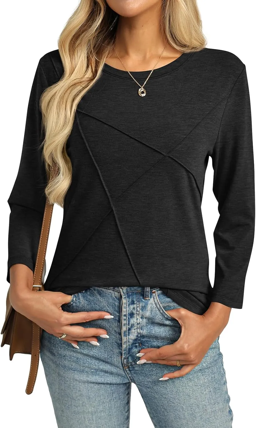 Womens 3/4 Sleeve Tops Crew Neck Summer Tops Casual Basic Tees Loose Fit Blouses