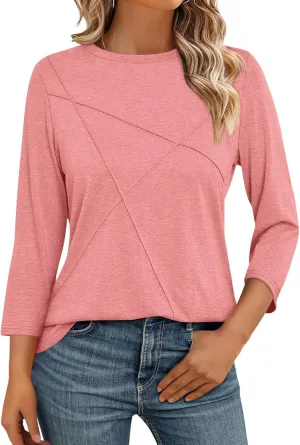 Womens 3/4 Sleeve Tops Crew Neck Summer Tops Casual Basic Tees Loose Fit Blouses