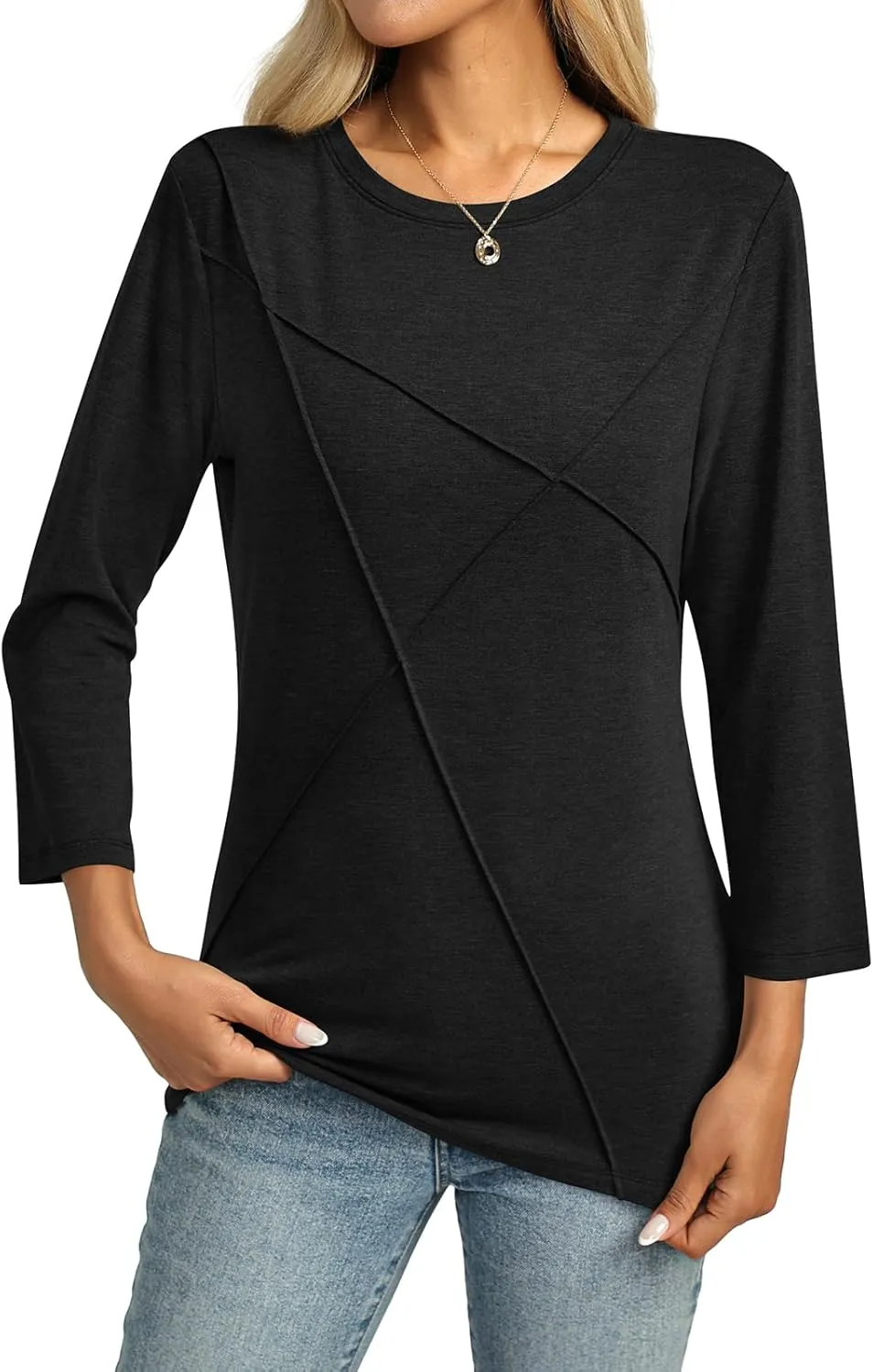 Womens 3/4 Sleeve Tops Crew Neck Summer Tops Casual Basic Tees Loose Fit Blouses