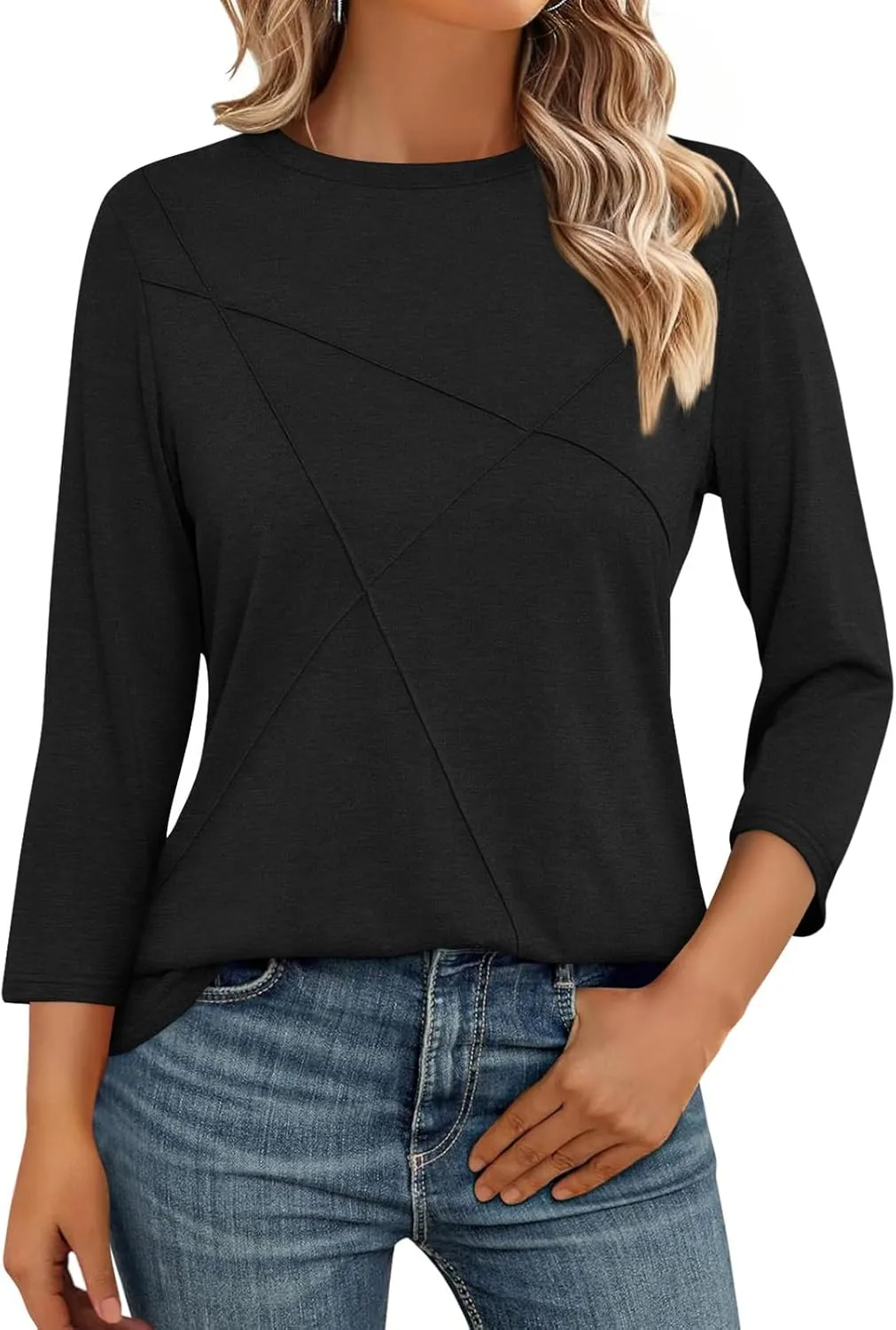 Womens 3/4 Sleeve Tops Crew Neck Summer Tops Casual Basic Tees Loose Fit Blouses
