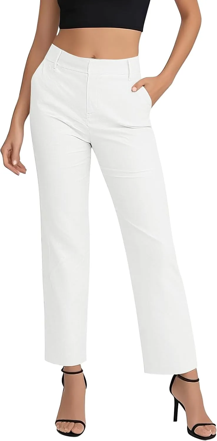 Women's Business Straight Leg Dress Pants Elastic Waist Zipper Closure Work Trousers with Pockets
