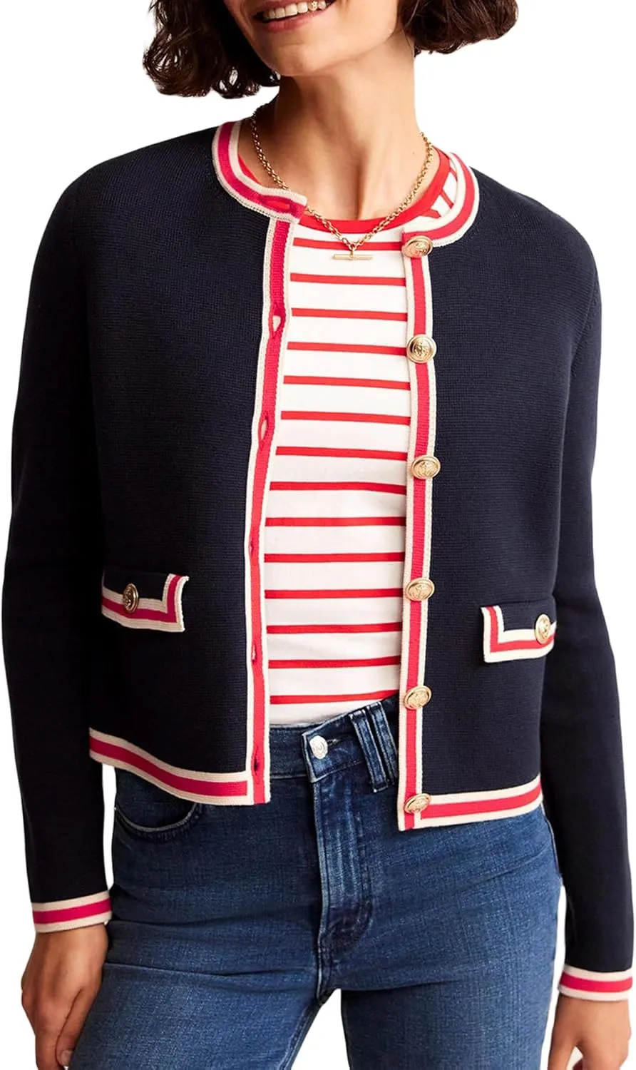Women's Cardigan Sweater Open Front Color Block Button Down Knit Tweed Jackets Fall Cropped Coat