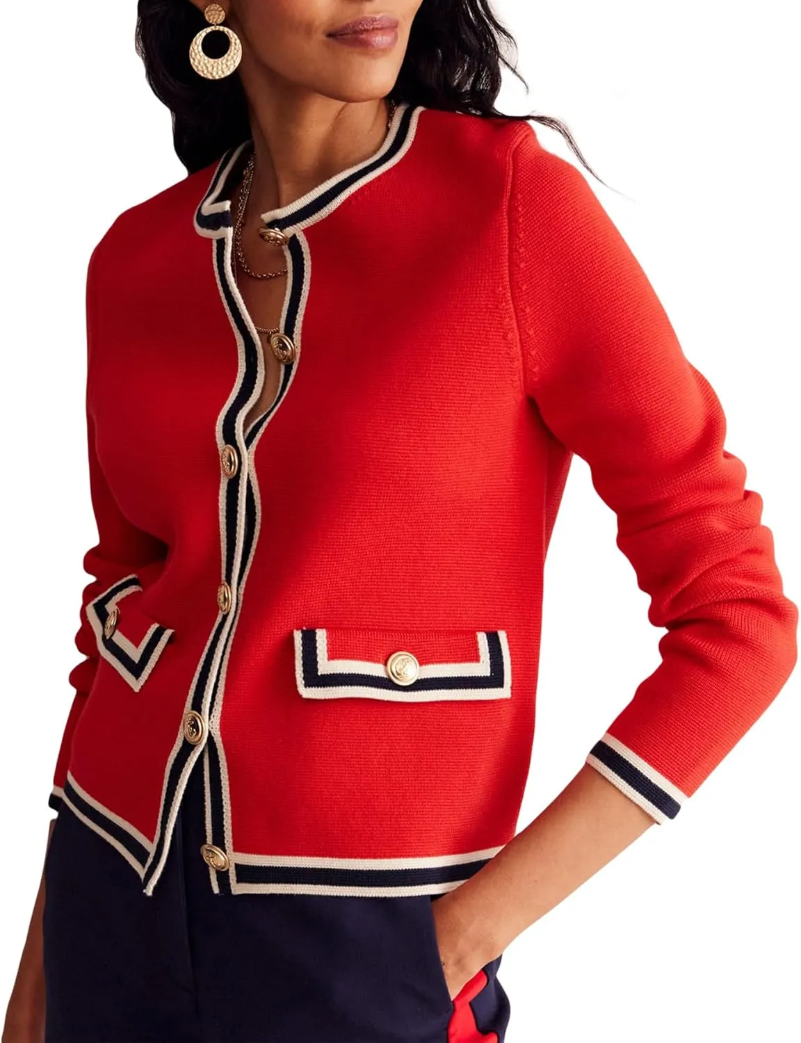 Women's Cardigan Sweater Open Front Color Block Button Down Knit Tweed Jackets Fall Cropped Coat