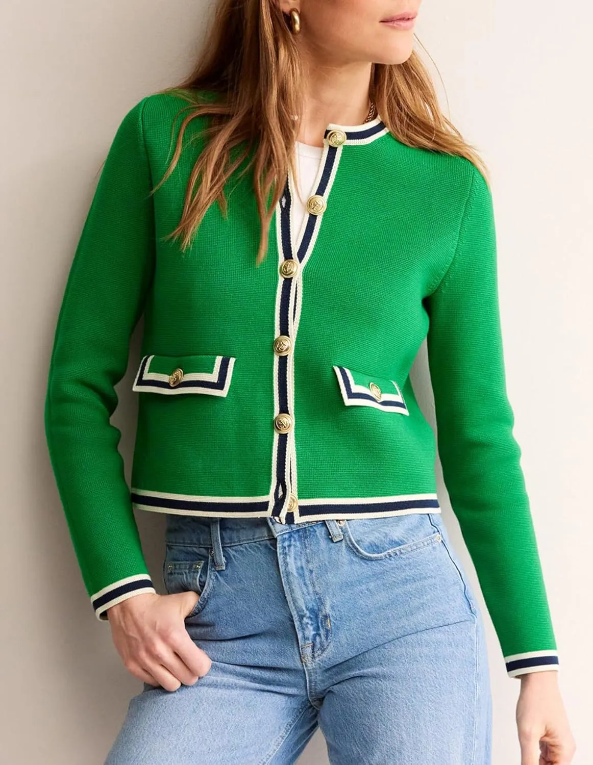 Women's Cardigan Sweater Open Front Color Block Button Down Knit Tweed Jackets Fall Cropped Coat