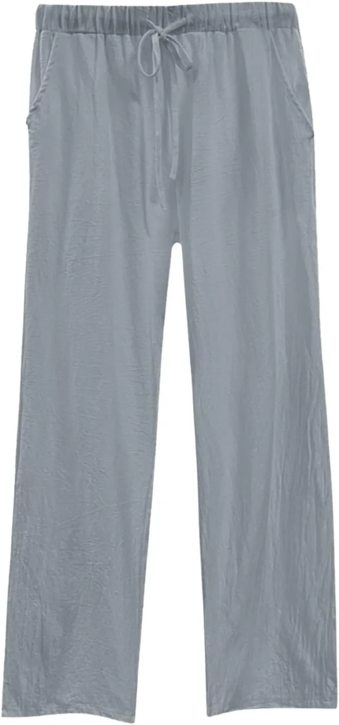Womens Casual Lightweight Linen Pants Casual Elastic Drawstring Cotton Pants Baggy Comfort Trousers with Pocket