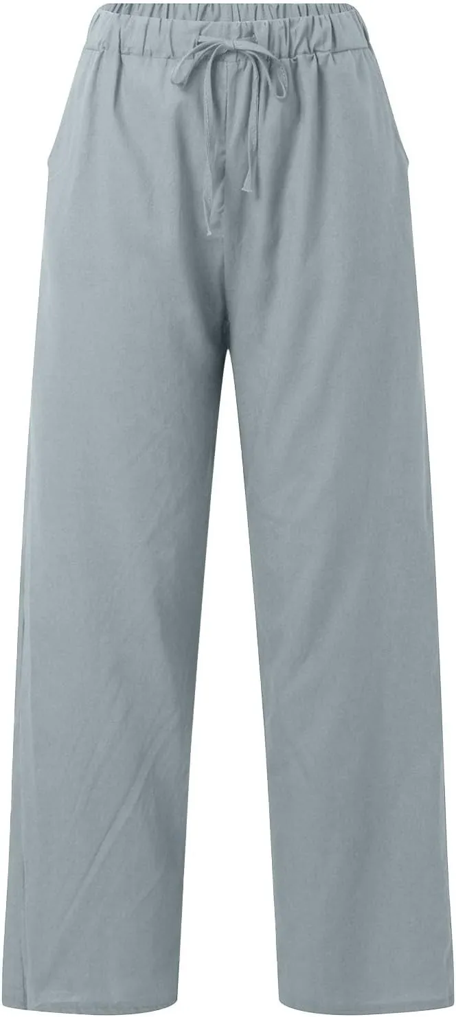 Womens Casual Lightweight Linen Pants Casual Elastic Drawstring Cotton Pants Baggy Comfort Trousers with Pocket