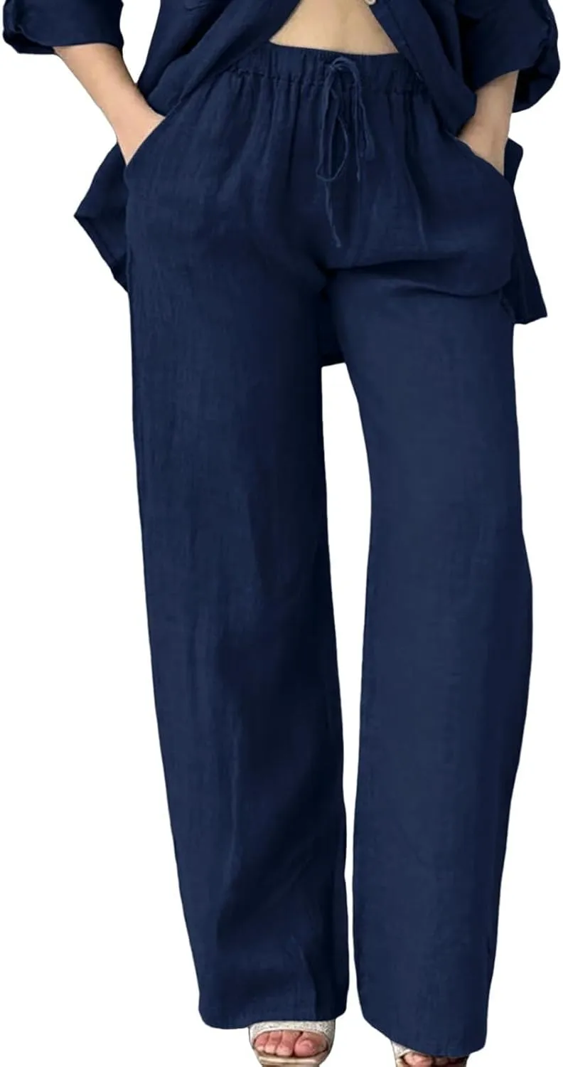 Womens Casual Lightweight Linen Pants Casual Elastic Drawstring Cotton Pants Baggy Comfort Trousers with Pocket