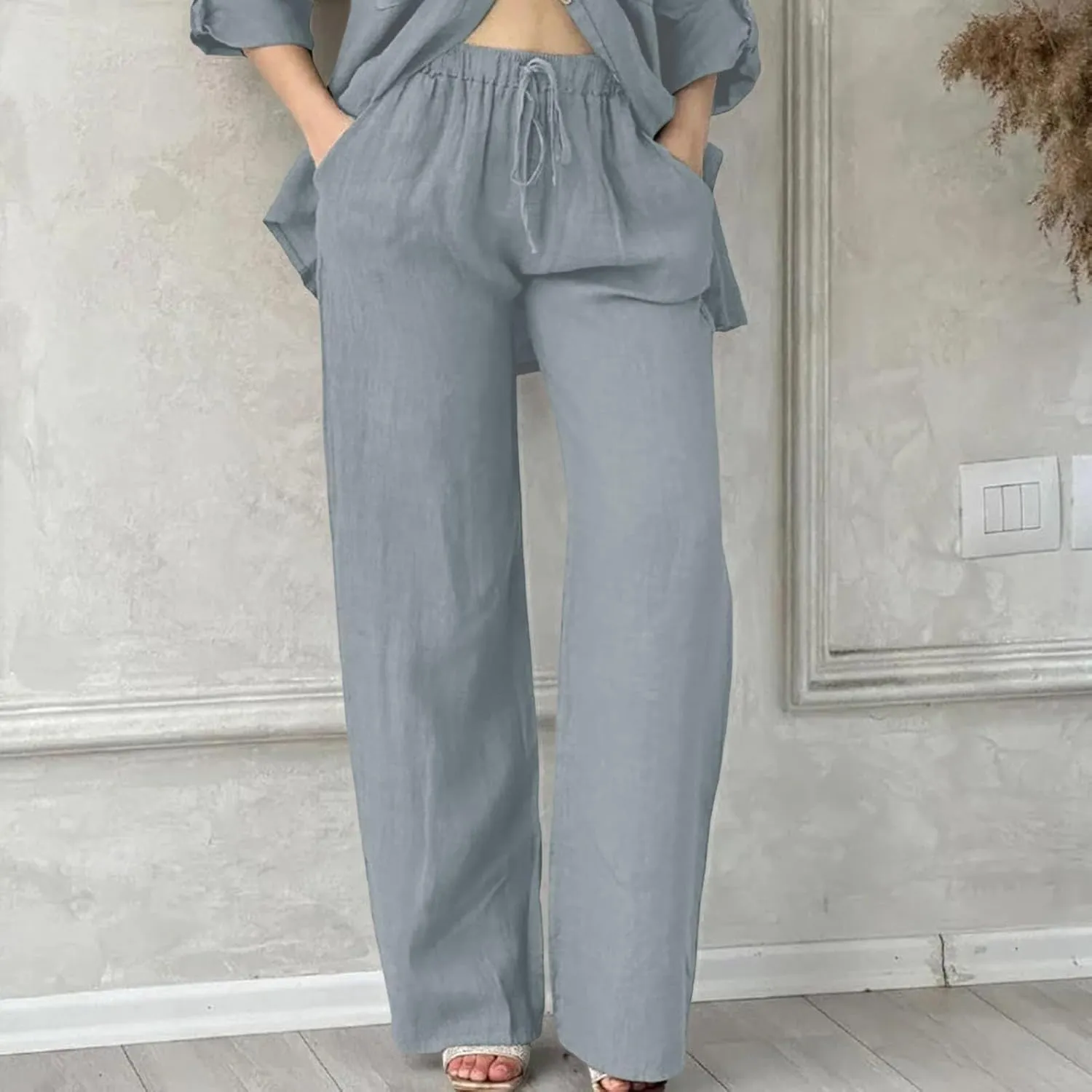 Womens Casual Lightweight Linen Pants Casual Elastic Drawstring Cotton Pants Baggy Comfort Trousers with Pocket