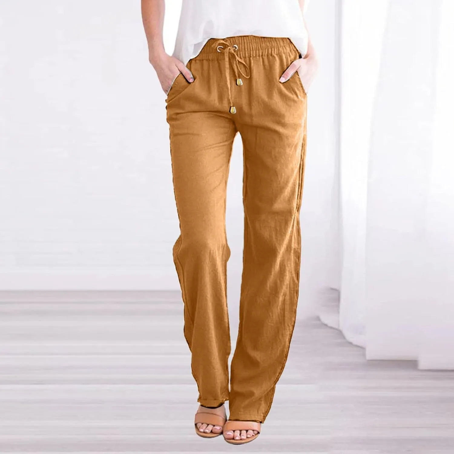 Womens Casual Lightweight Linen Pants Casual Elastic Drawstring Cotton Pants Baggy Comfort Trousers with Pocket