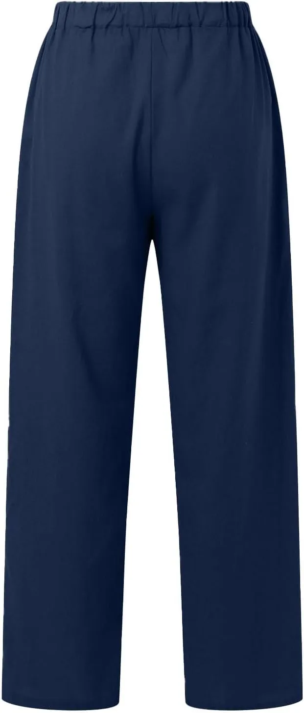 Womens Casual Lightweight Linen Pants Casual Elastic Drawstring Cotton Pants Baggy Comfort Trousers with Pocket