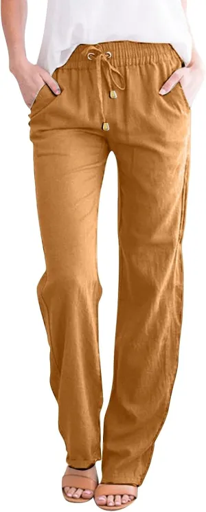 Womens Casual Lightweight Linen Pants Casual Elastic Drawstring Cotton Pants Baggy Comfort Trousers with Pocket